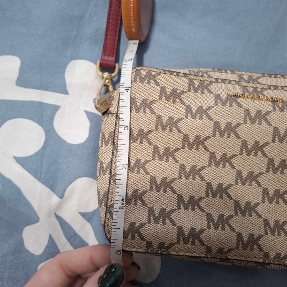 👜Michael Kors Jet Set Signature Canvas Beige Red Crossbody Purse Camera Bag - Picture 13 of 15